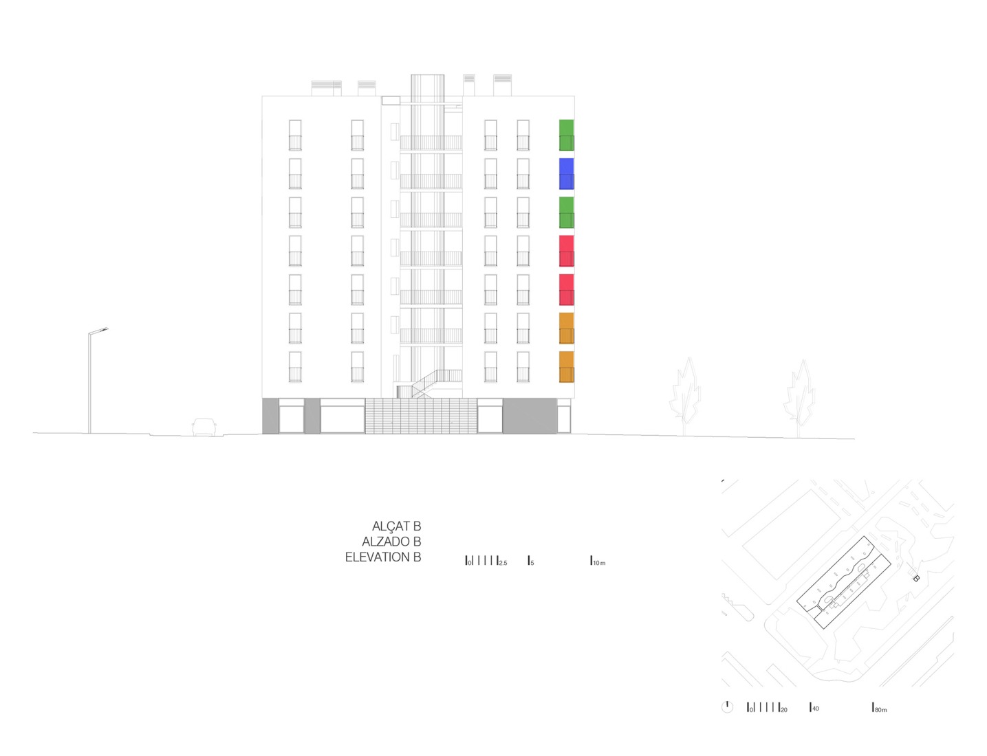Side elevation. SB Building. 110 affordable rental apartments, complementary spaces, and commercial premises by EMBA.
