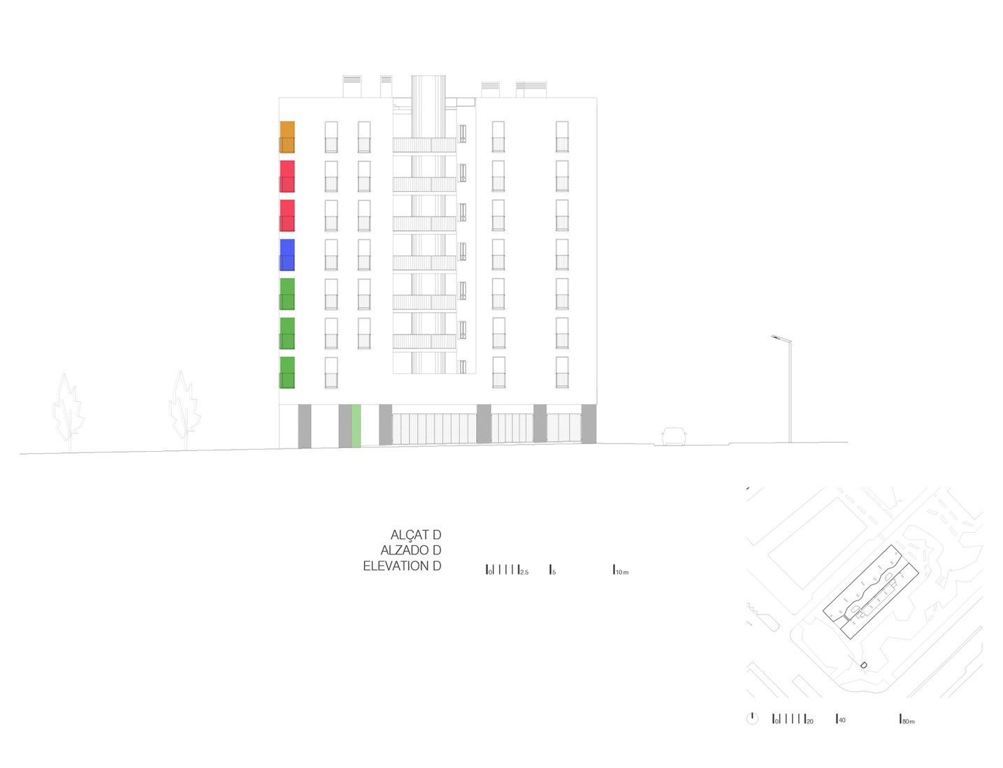 Side elevation. SB Building. 110 affordable rental apartments, complementary spaces, and commercial premises by EMBA.