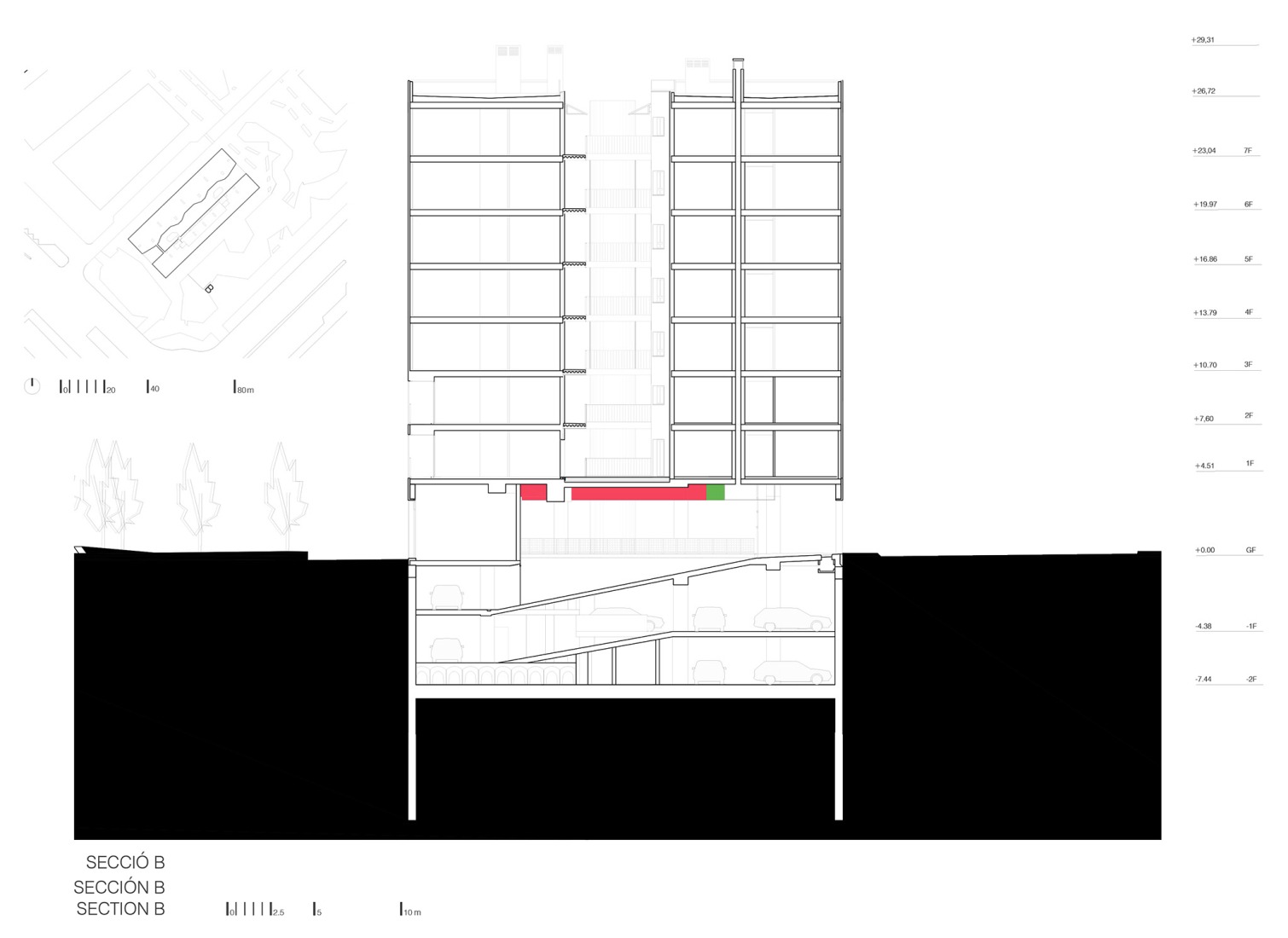 Cross section. SB Building. 110 affordable rental apartments, complementary spaces, and commercial premises by EMBA.