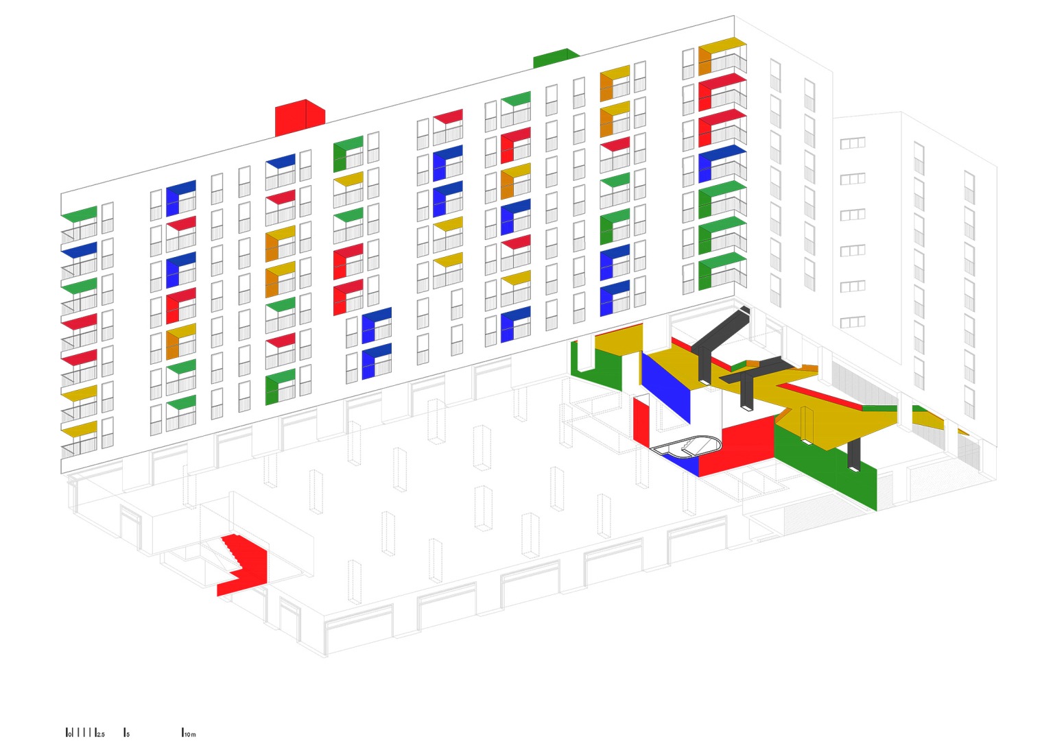 Axonometry. SB Building. 110 affordable rental apartments, complementary spaces, and commercial premises by EMBA.
