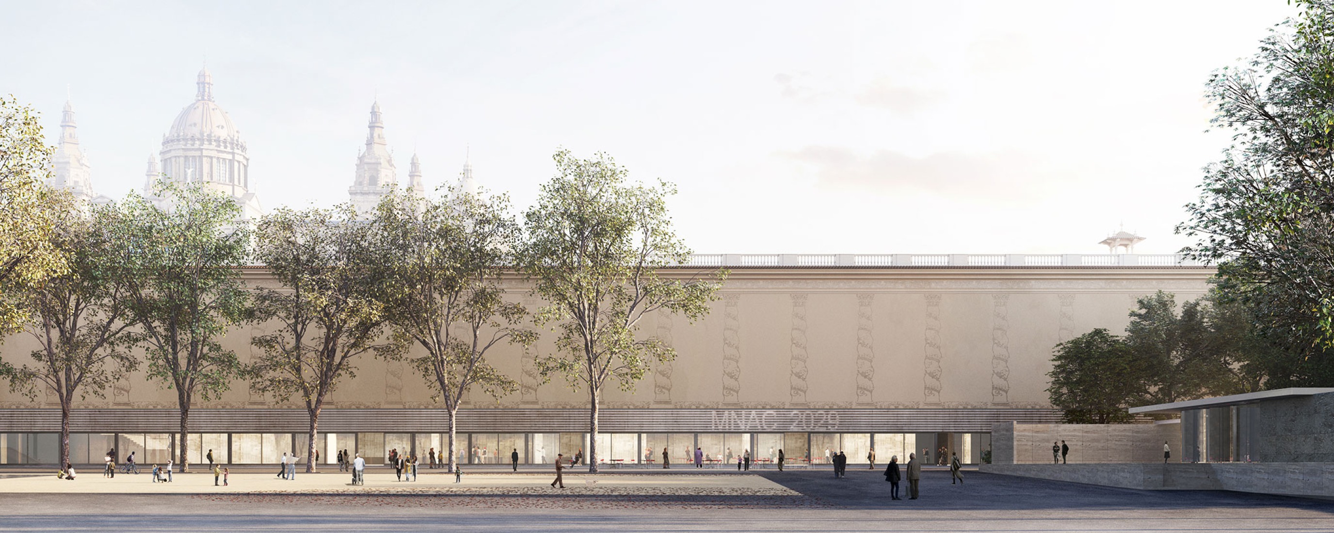 Outside the Victòria Eugénia Palace, entrance to the New MNAC. Expansion of the MNAC by Architects and Christ & Gantenbein.