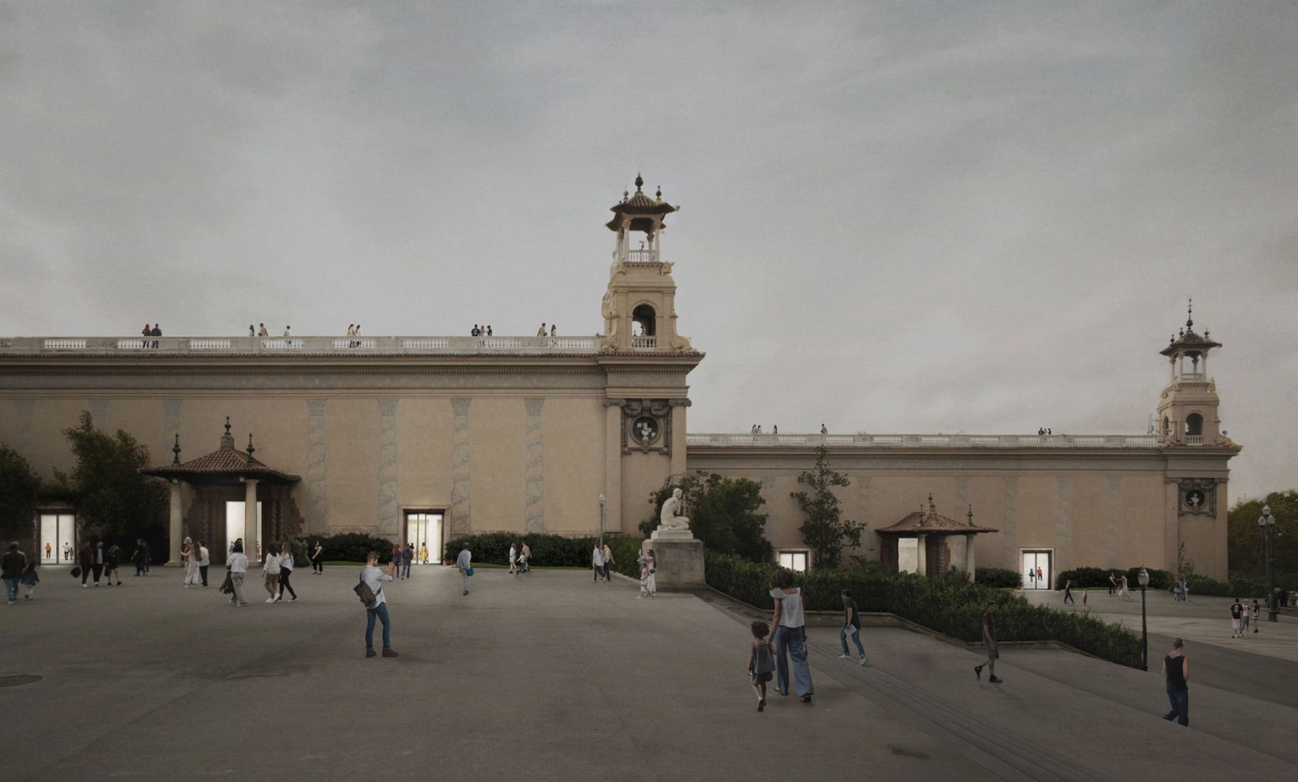 View of the side facade of the Palau Victoria Eugénia, Plaza de les Cascades. Expansion of the MNAC by Architects and Christ & Gantenbein.