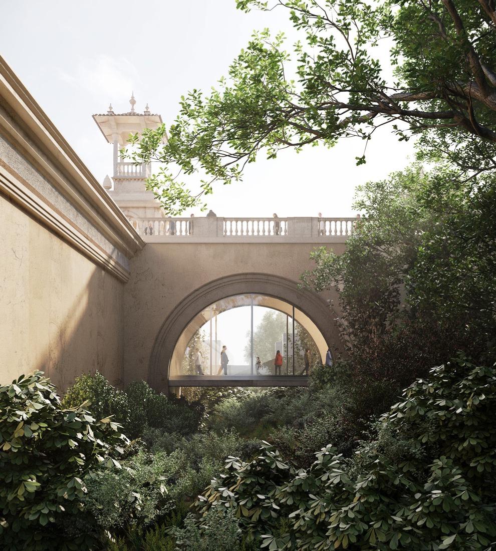 View of the connecting bridge between the two palaces. Extension of the MNAC by Harquitectes and Christ & Gantenbein.