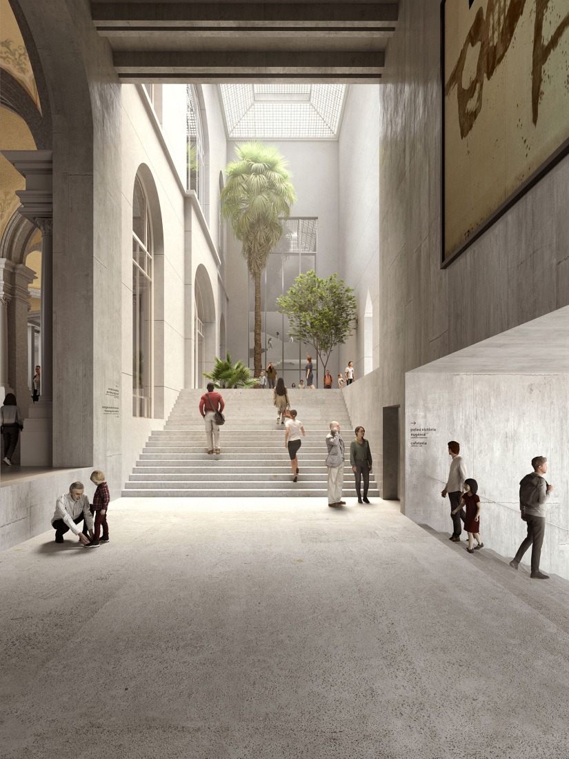 View of the new entrance to the National Palace. Extension of the MNAC by Harquitectes and Christ & Gantenbein.