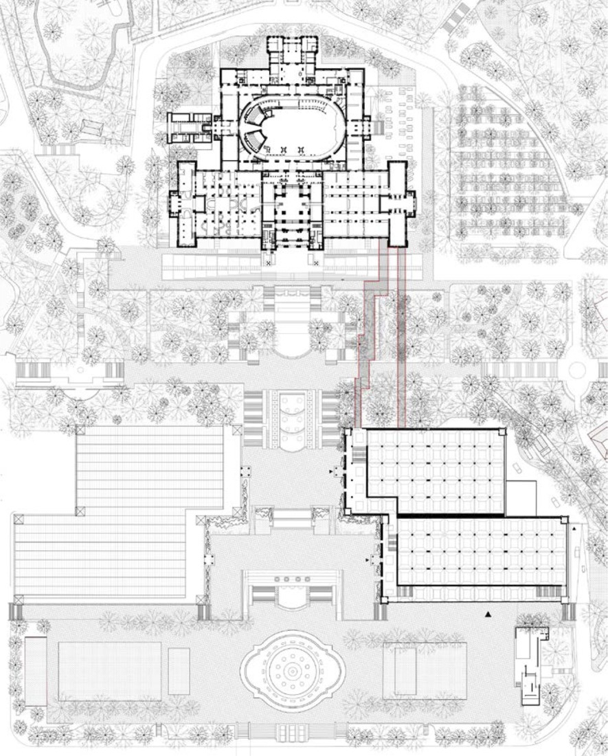 General plan of the proposal showing the connection between the two palaces. Extension of the MNAC by Harquitectes and Christ & Gantenbein.