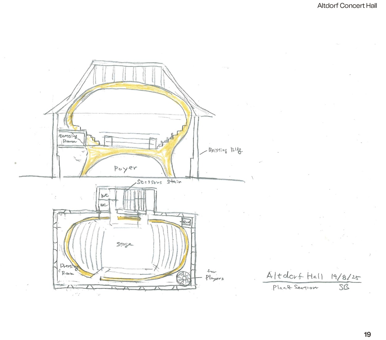 Sketch. Altdorf Concert Hall por Shigeru Ban Architects.