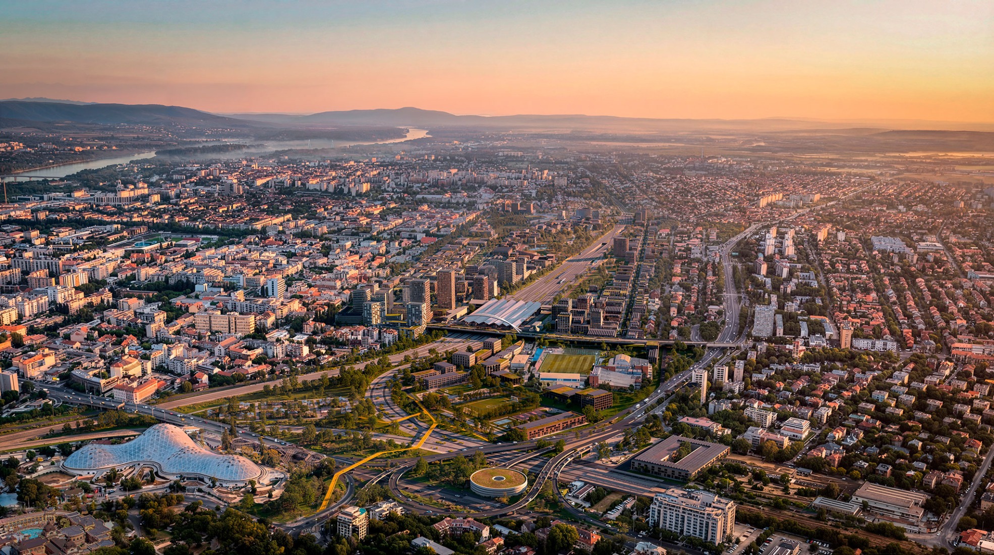 Rákosrendező Masterplan by Coldefy + CITYFÖRSTER + sporaarchitects + TREIBHAUS.LAND + Marko&Placemakers. Rendering by Zoa.