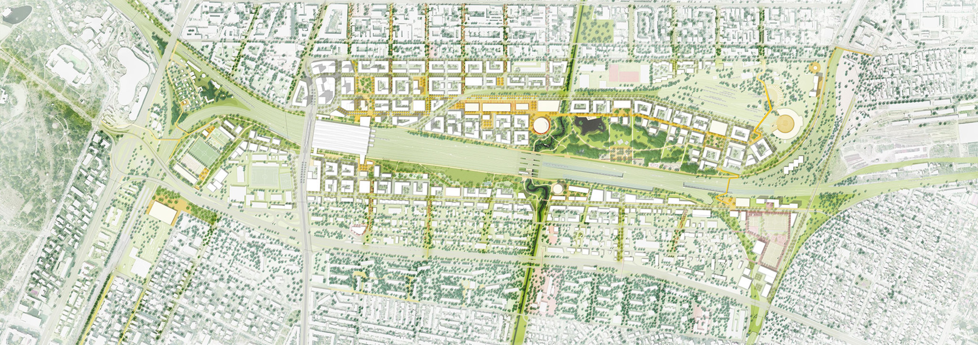 Plan. Rákosrendező Masterplan by Coldefy + CITYFÖRSTER + sporaarchitects + TREIBHAUS.LAND + Marko&Placemakers. 