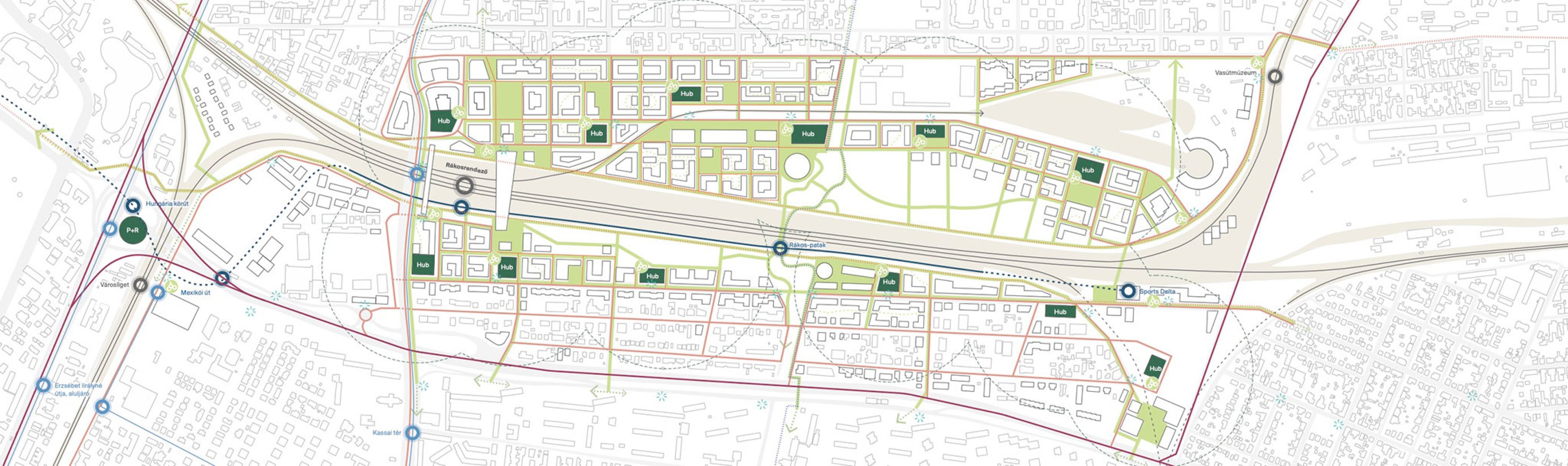 Mobility plan. Rákosrendező Masterplan by Coldefy + CITYFÖRSTER + sporaarchitects + TREIBHAUS.LAND + Marko&Placemakers.