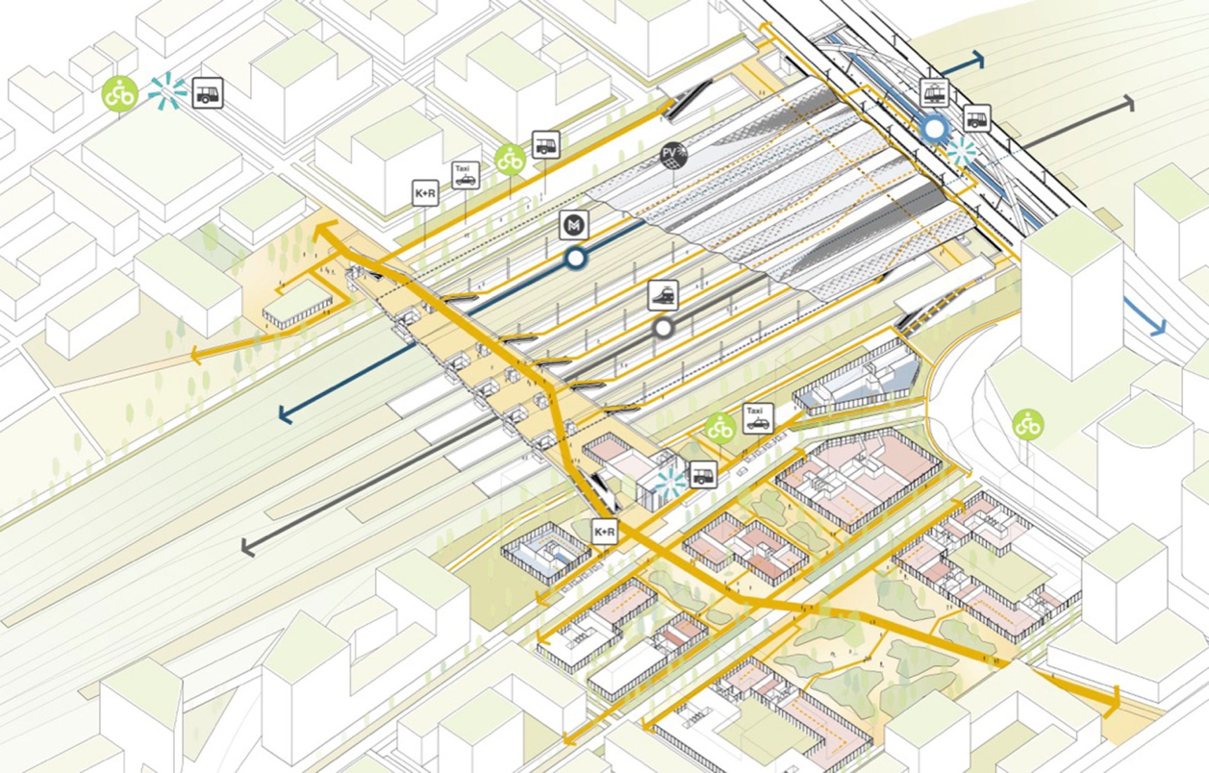 Station mobility axonometry. Rákosrendező Masterplan by Coldefy + CITYFÖRSTER + sporaarchitects + TREIBHAUS.LAND + Marko&Placemakers.