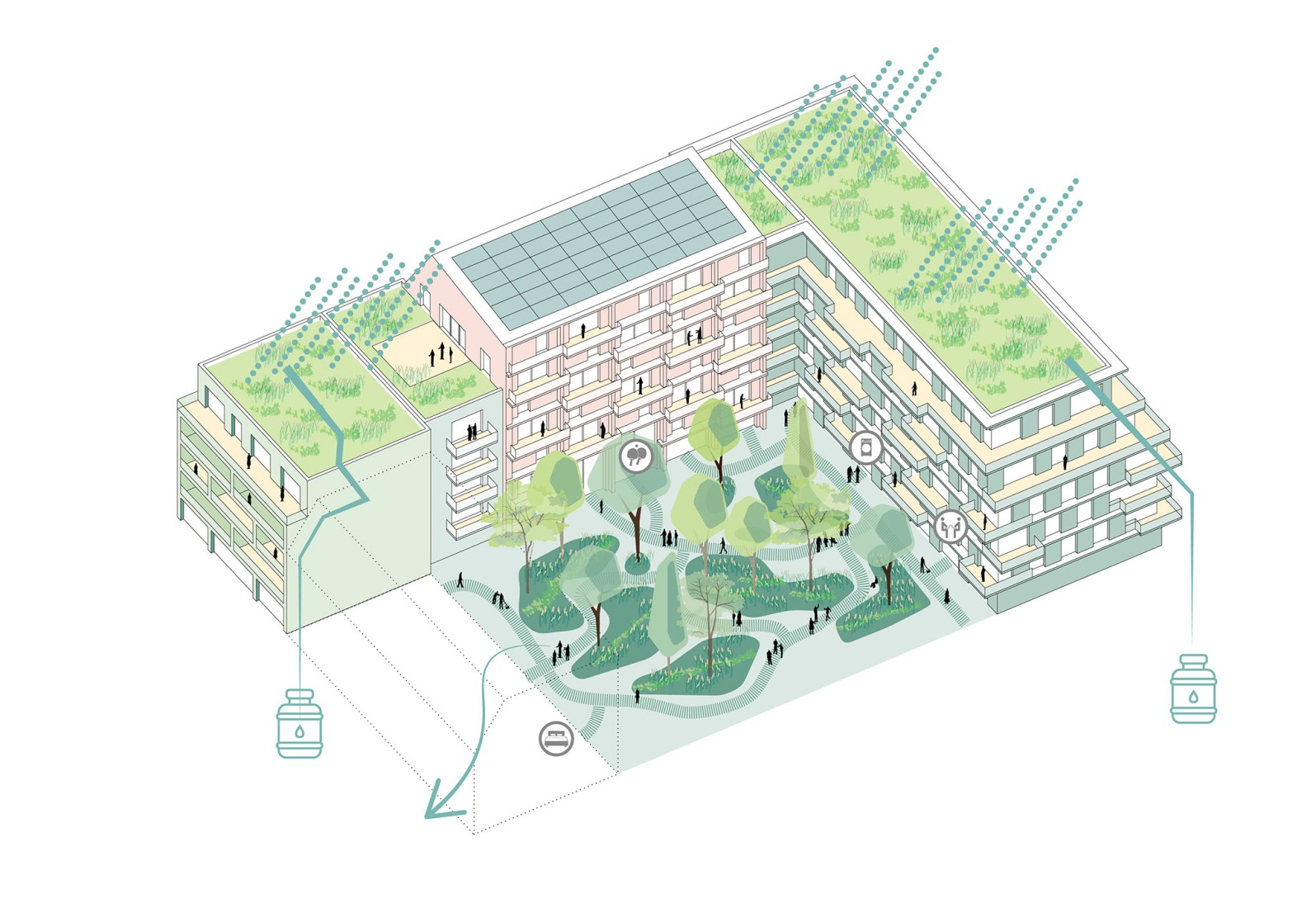 Block axonometry. Rákosrendező Masterplan by Coldefy + CITYFÖRSTER + sporaarchitects + TREIBHAUS.LAND + Marko&Placemakers.