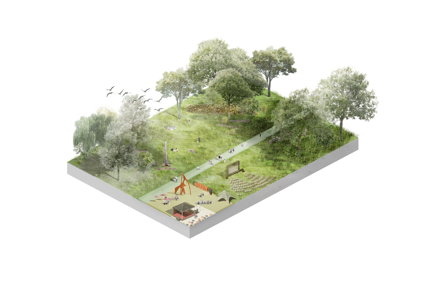 Forestscape axonometry. Rákosrendező Masterplan by Coldefy + CITYFÖRSTER + sporaarchitects + TREIBHAUS.LAND + Marko&Placemakers.