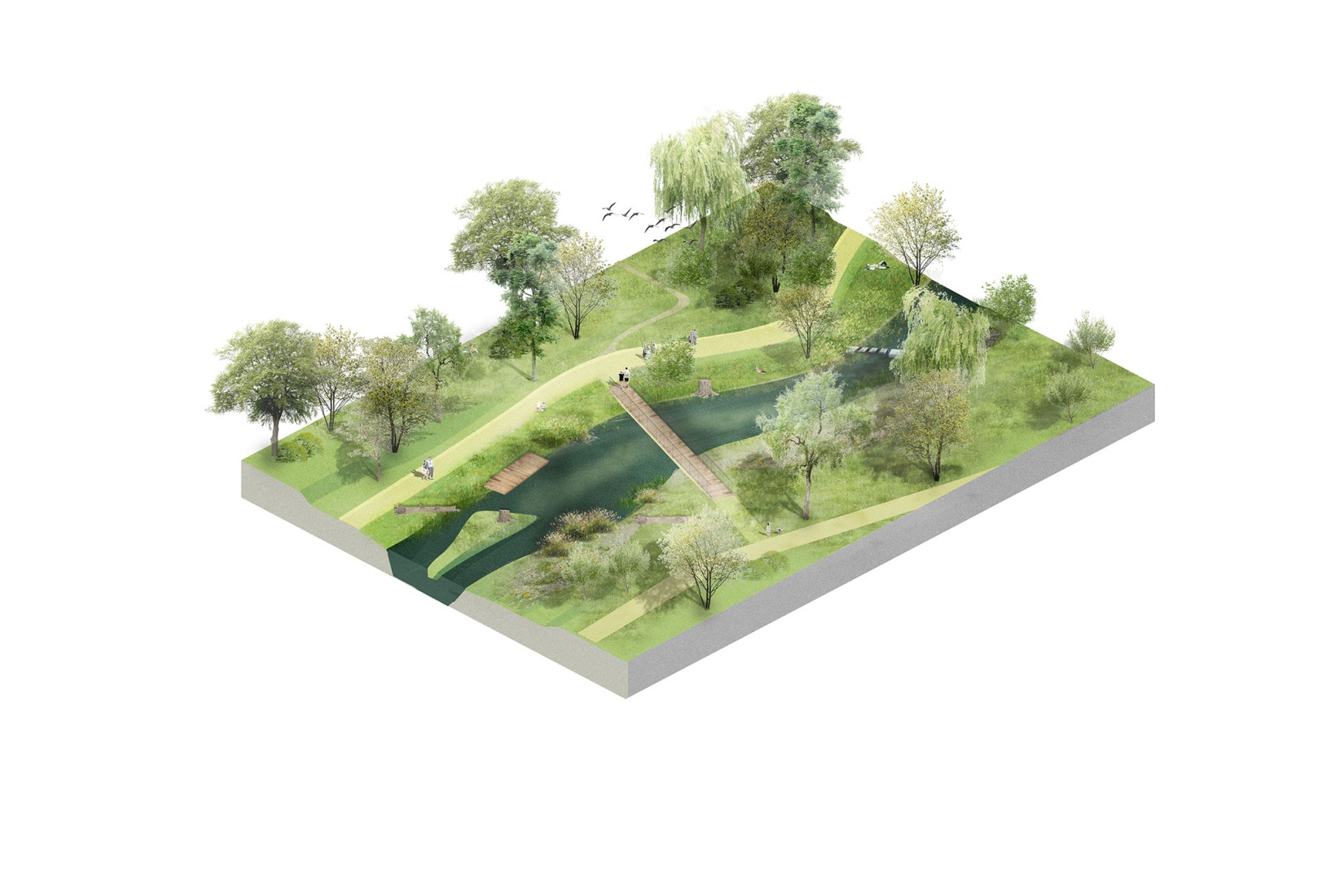 Riverscape axonometry. Rákosrendező Masterplan by Coldefy + CITYFÖRSTER + sporaarchitects + TREIBHAUS.LAND + Marko&Placemakers.