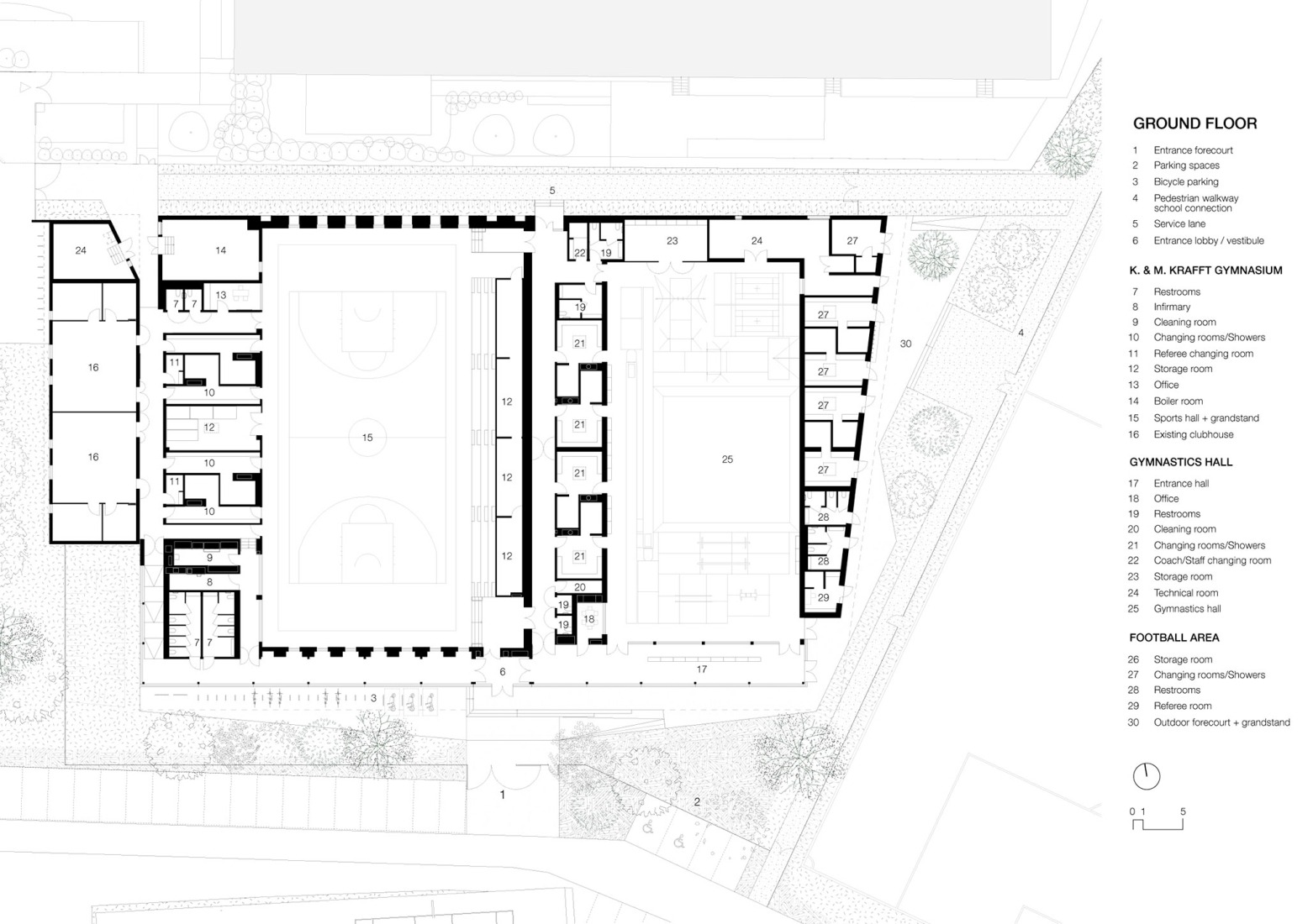Plano de planta baja. Complejo Deportivo Katia & Maurice Krafft por RHB architectes.