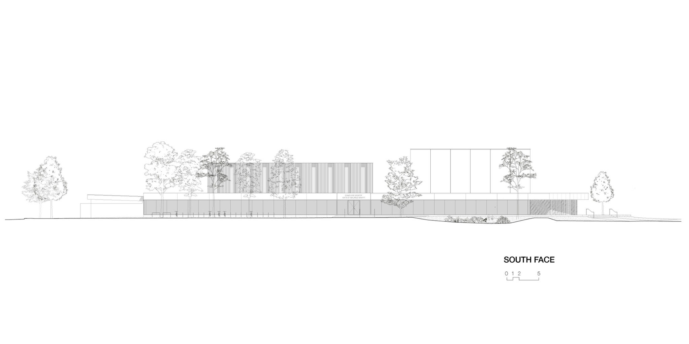 Alzado sur. Complejo Deportivo Katia & Maurice Krafft por RHB architectes.