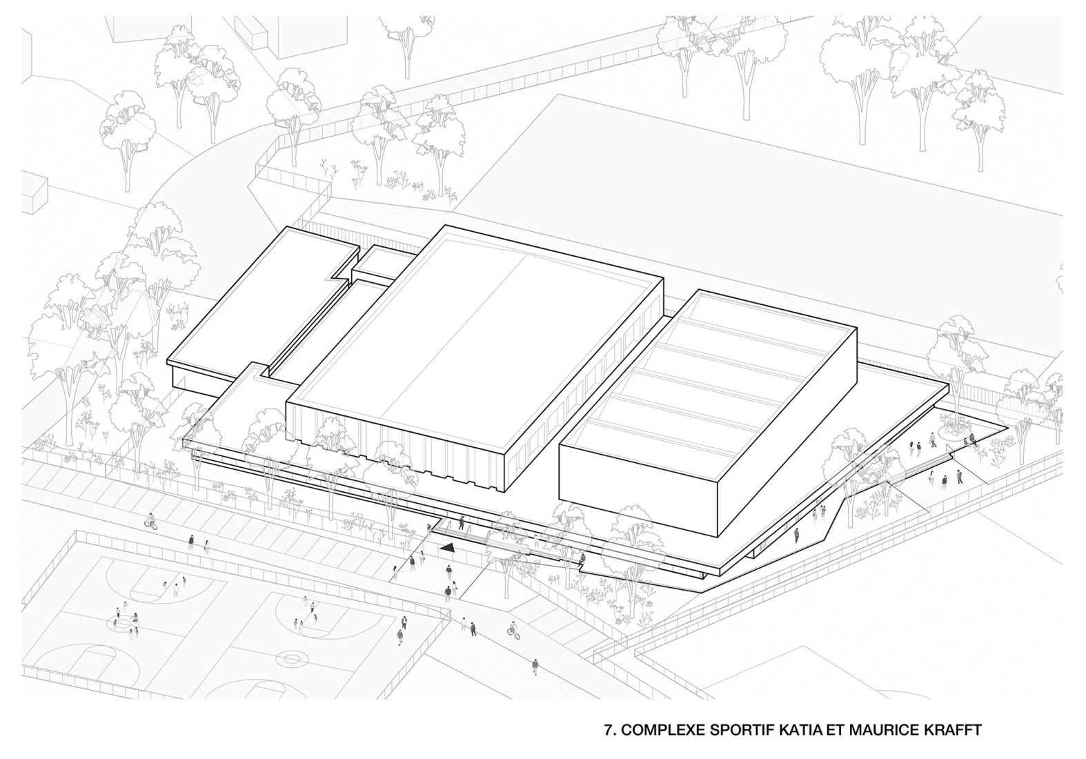 Axonometría. Complejo Deportivo Katia & Maurice Krafft por RHB architectes.
