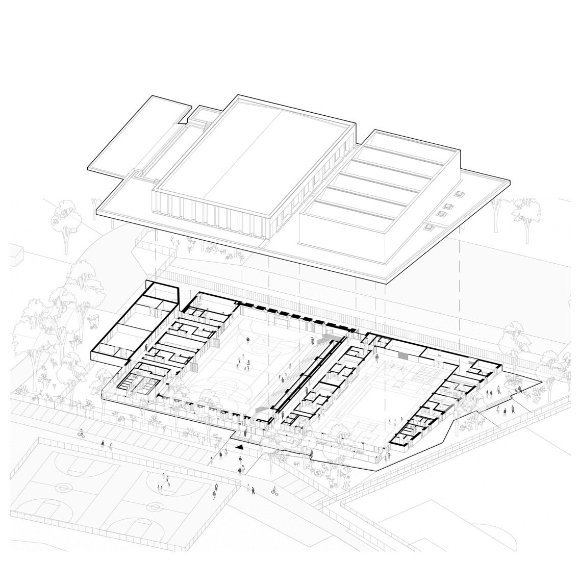 Axonometría. Complejo Deportivo Katia & Maurice Krafft por RHB architectes.