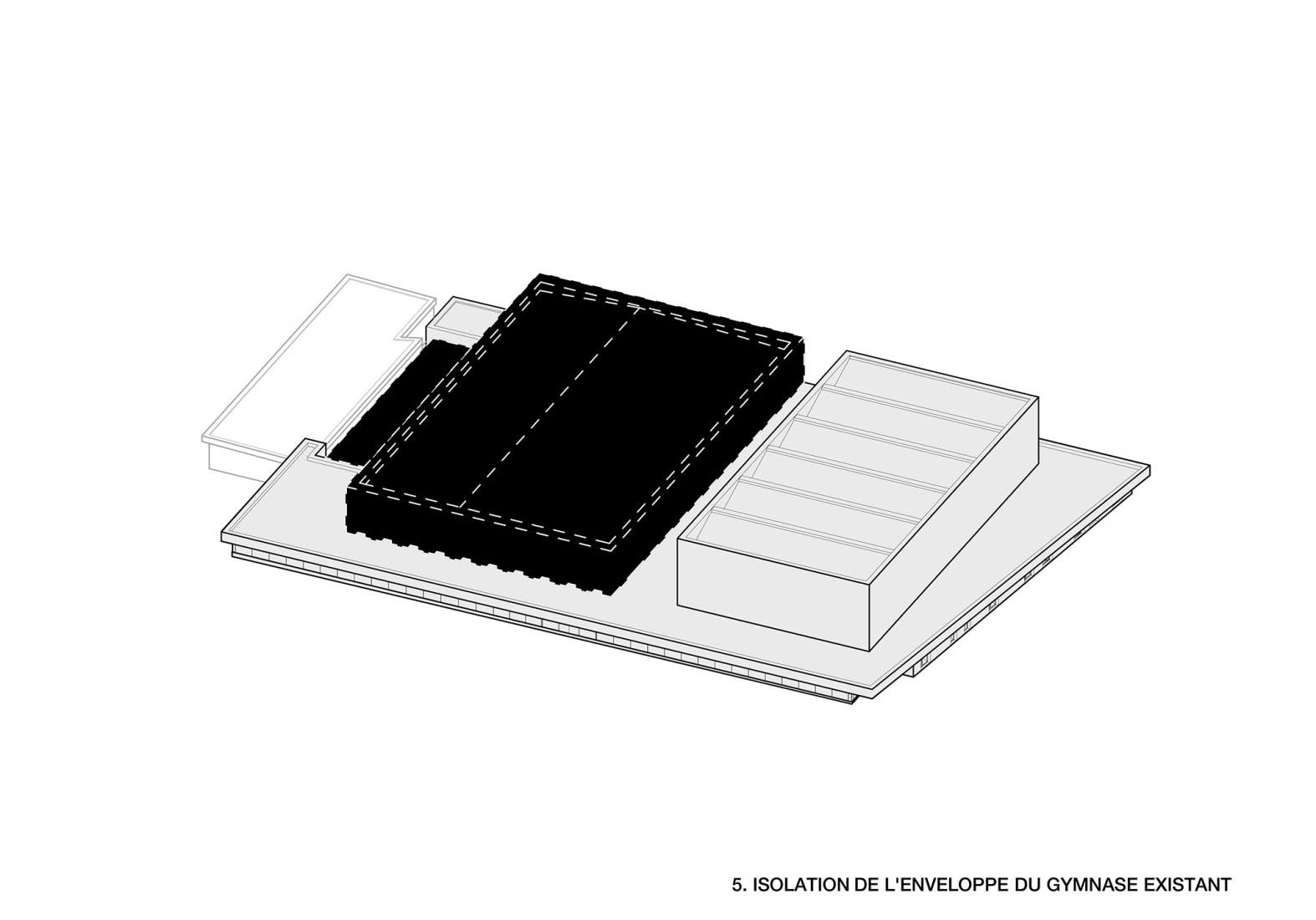 Axonometría. Complejo Deportivo Katia & Maurice Krafft por RHB architectes.
