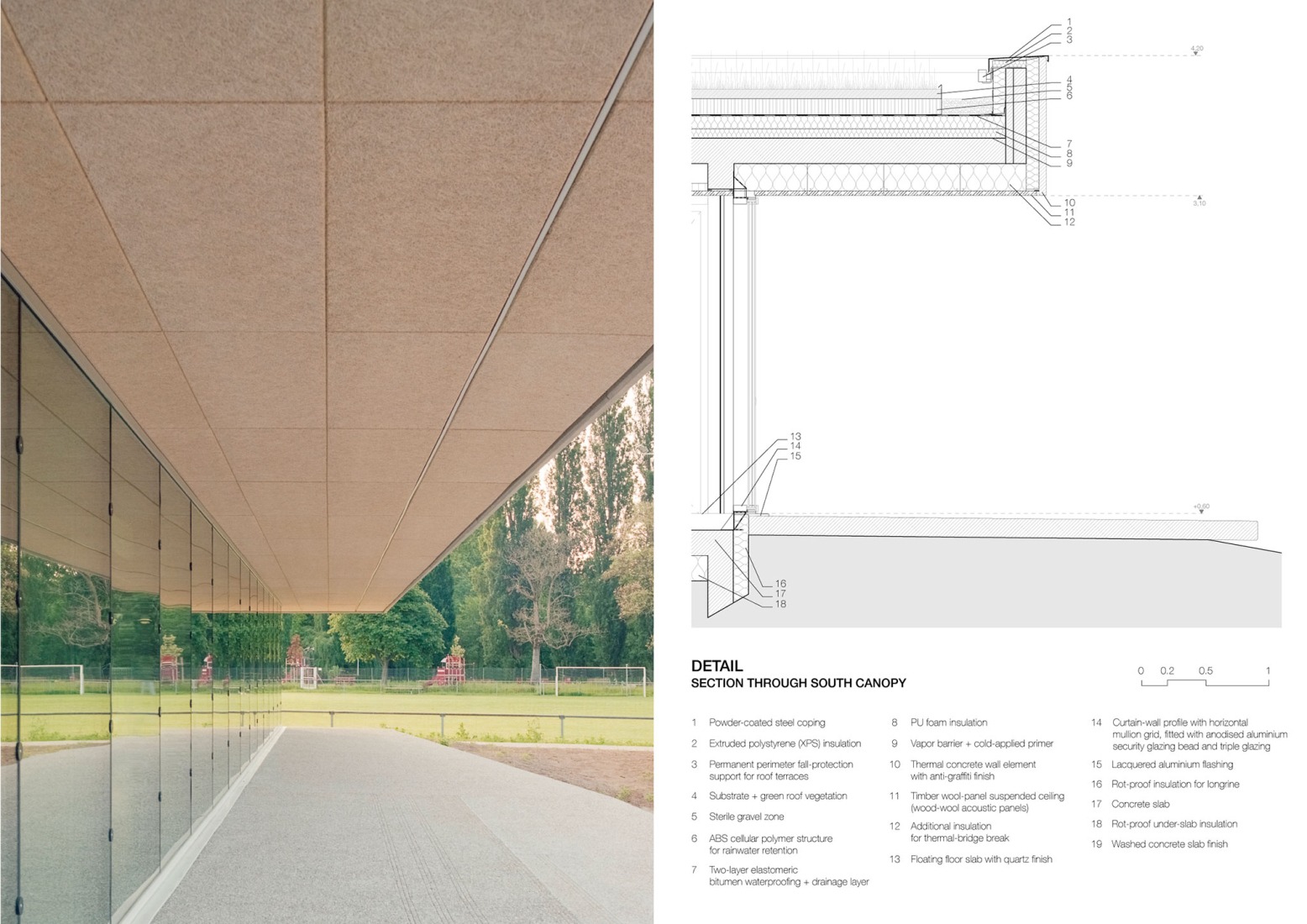 Detalle constructivo. Complejo Deportivo Katia & Maurice Krafft por RHB architectes.