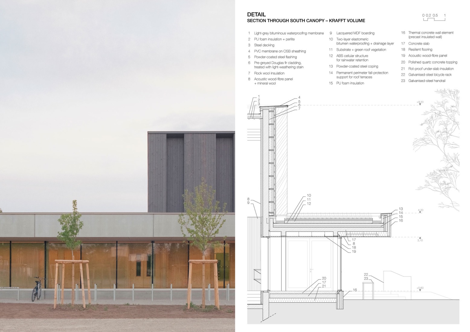 Detalle constructivo. Complejo Deportivo Katia & Maurice Krafft por RHB architectes.