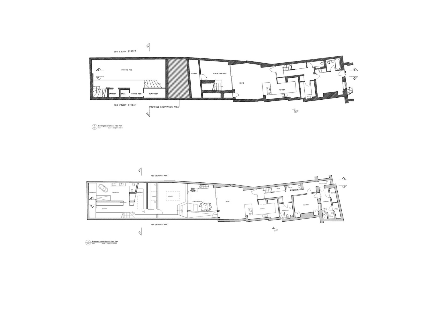 Plano de planta baja inferior existente y propuesta. «Mozart House» por Studio DERA.