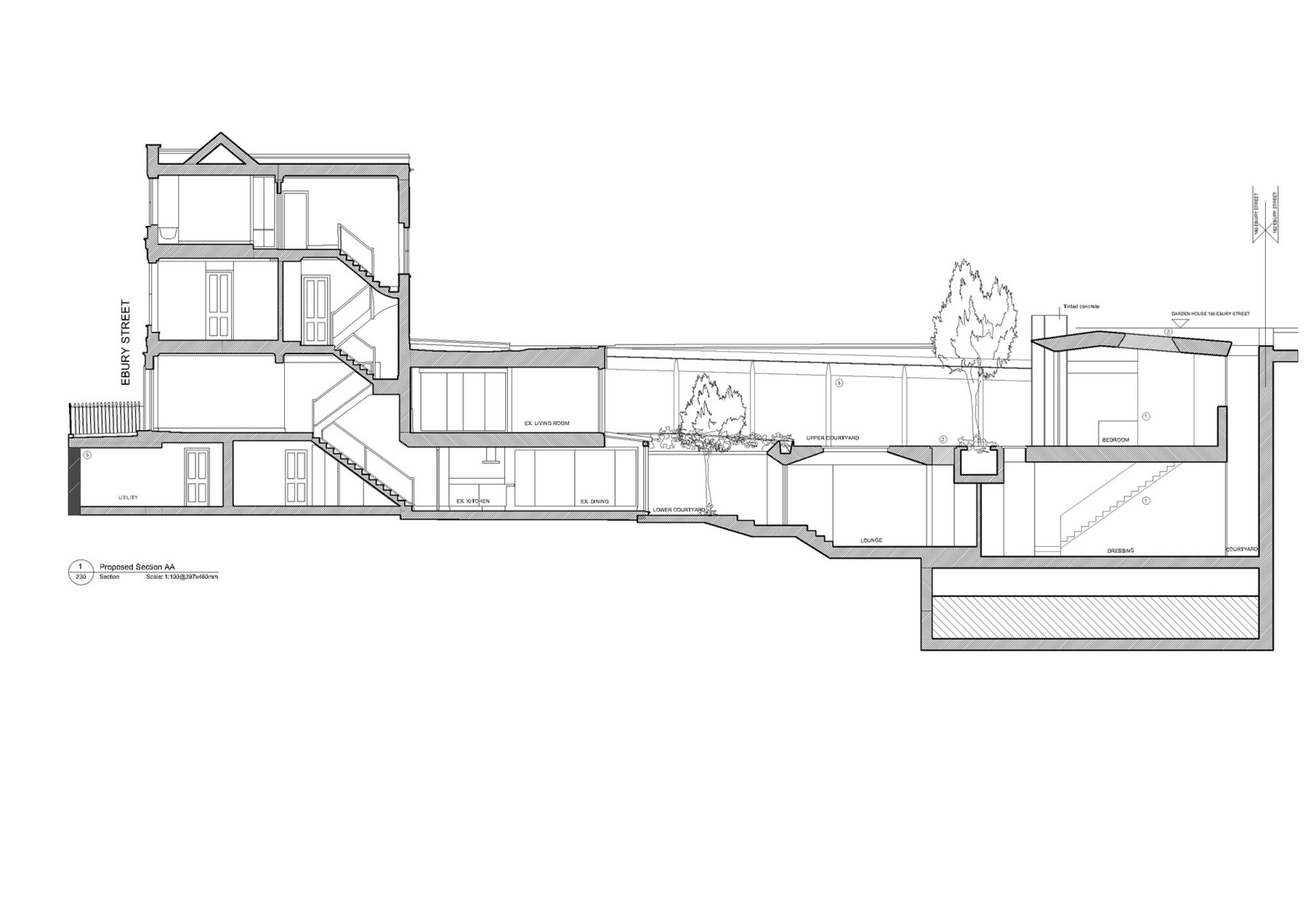 Sección longitudinal. «Mozart House» por Studio DERA.
