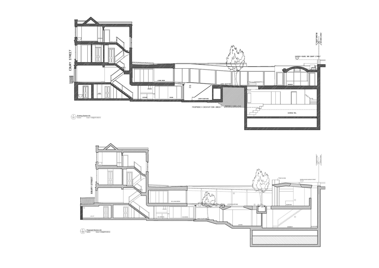 Sección longitudinal existente y propuesta. «Mozart House» por Studio DERA.