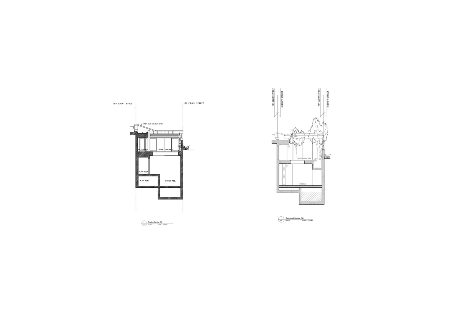 Sección transversal existente y propuesta. «Mozart House» por Studio DERA.