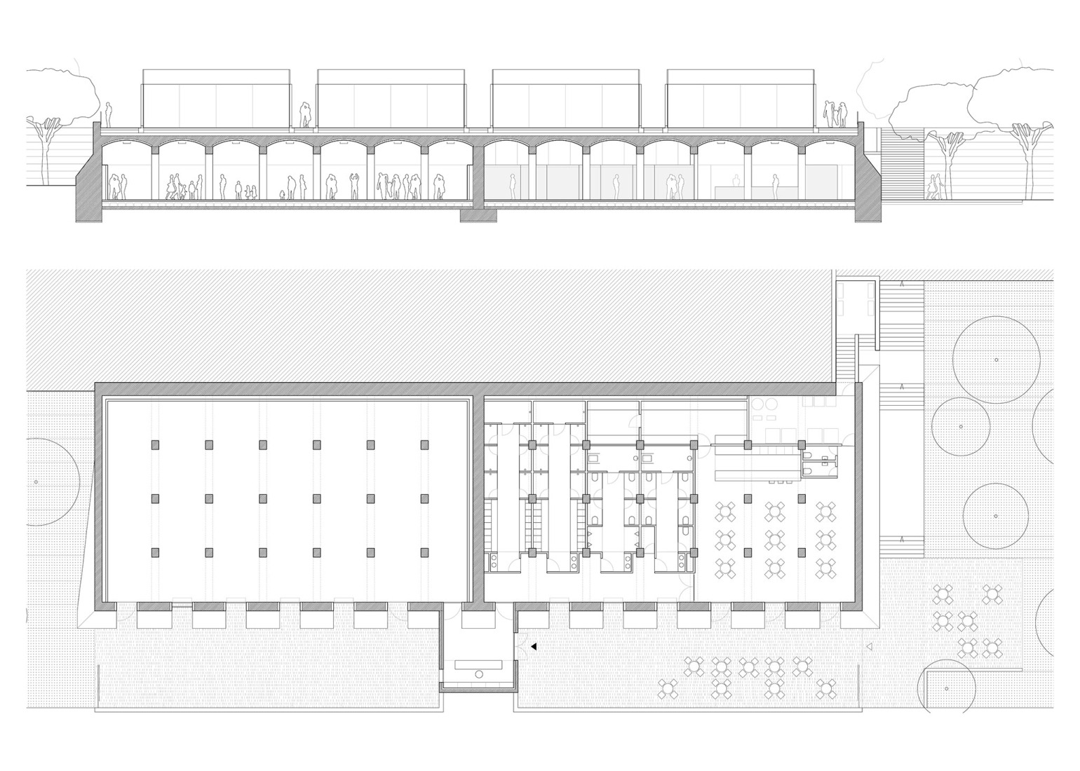 Ground floor plan and section. Cistern Conversion into Multi-Porpuse Space by Úbeda Valero.