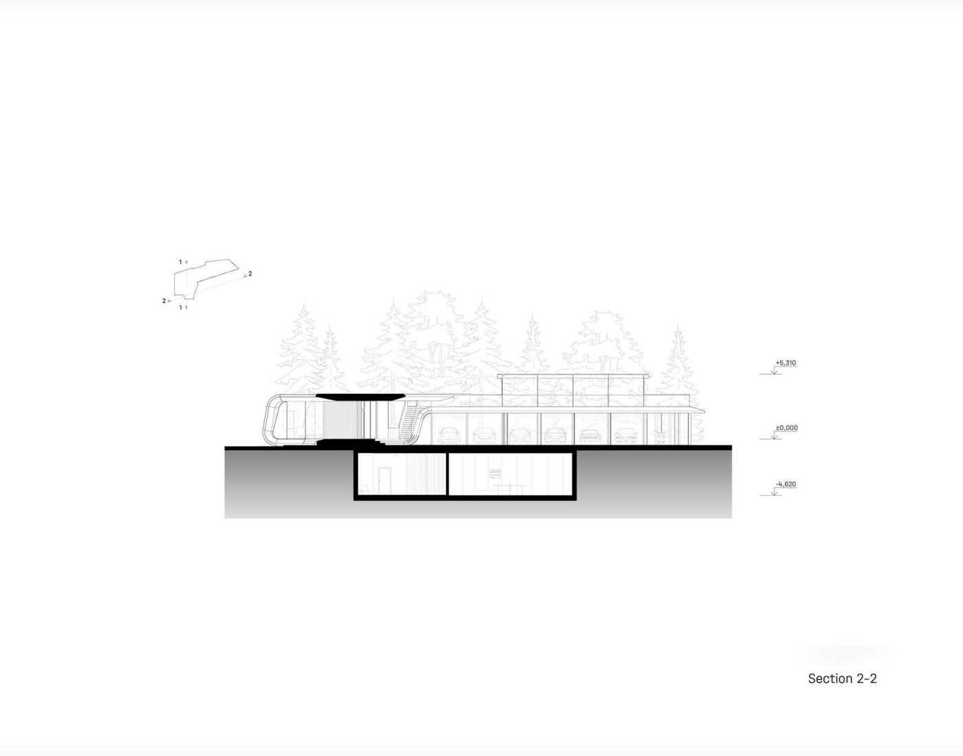 Sección. Garaje para colección de automóviles por Atrium.