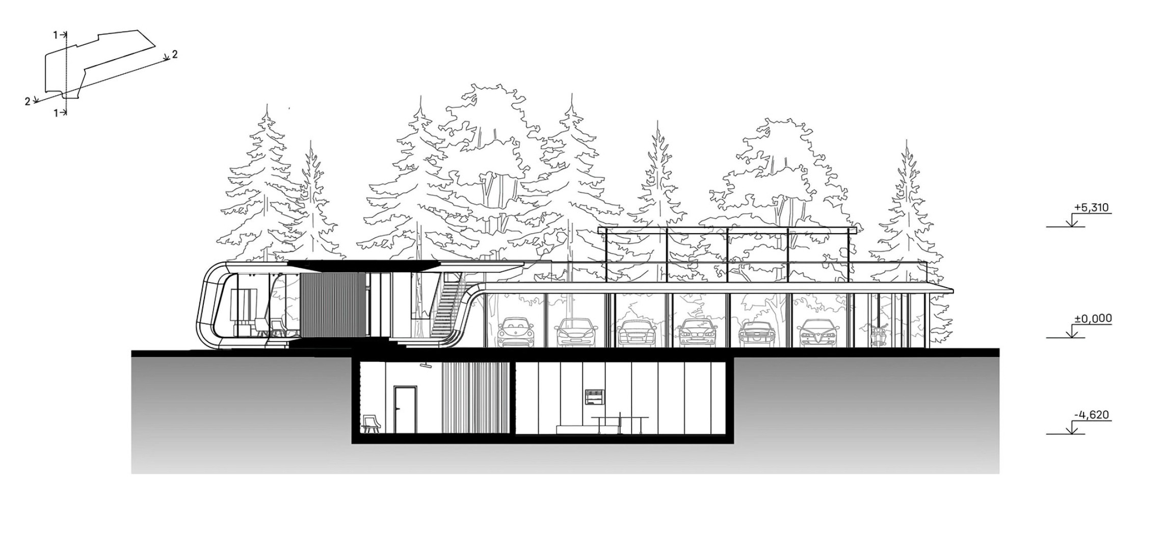 Sección. Garaje para colección de automóviles por Atrium.