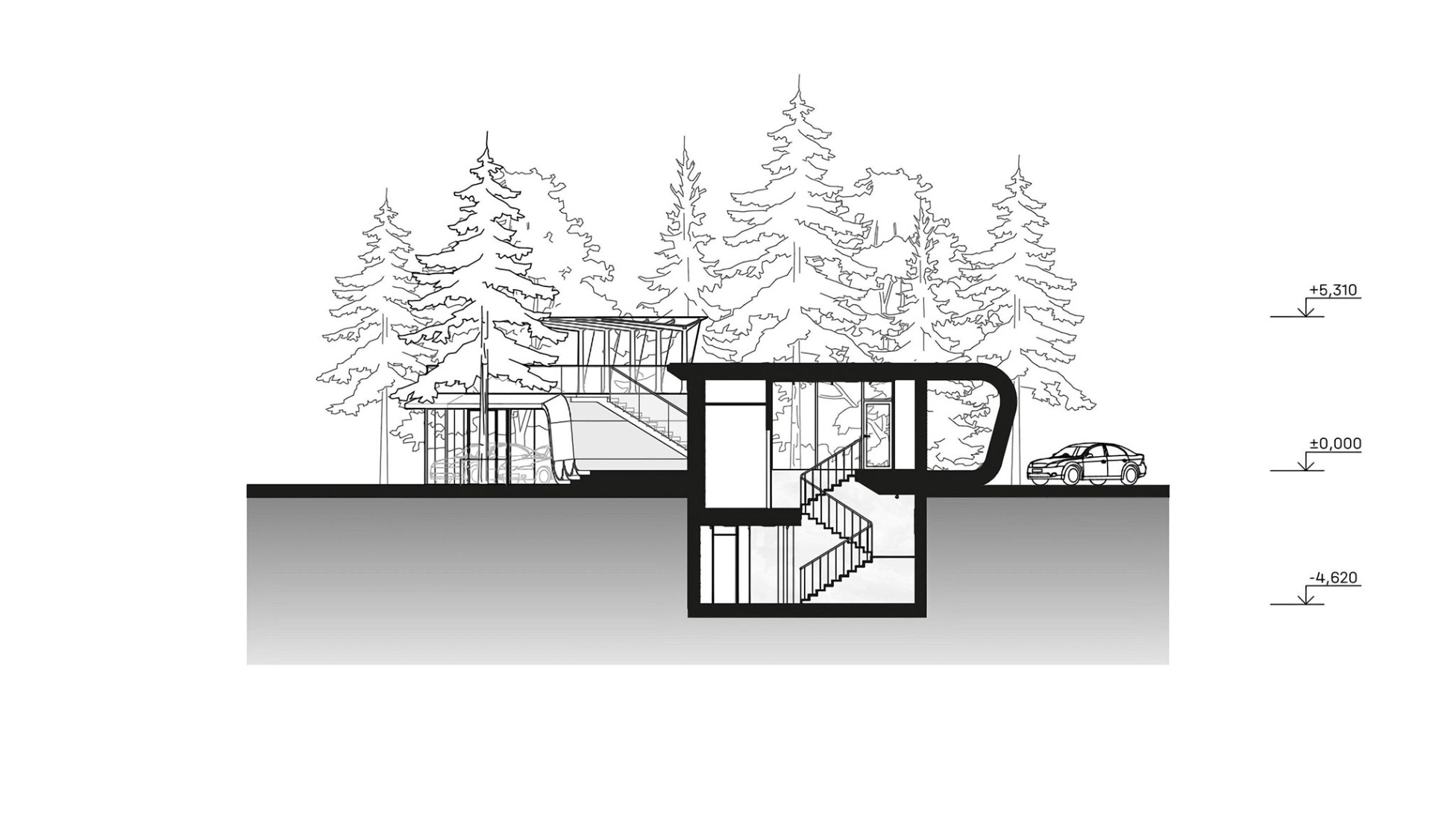 Sección. Garaje para colección de automóviles por Atrium.