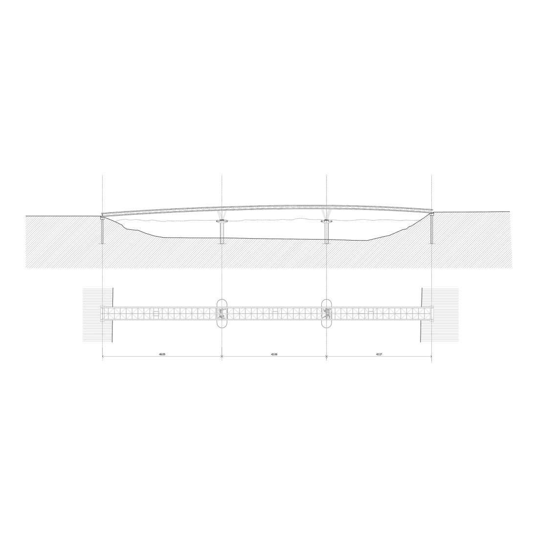 Floor plan / Section. Splavarska Lent Tabor Bridge by Burgos & Garrido.
