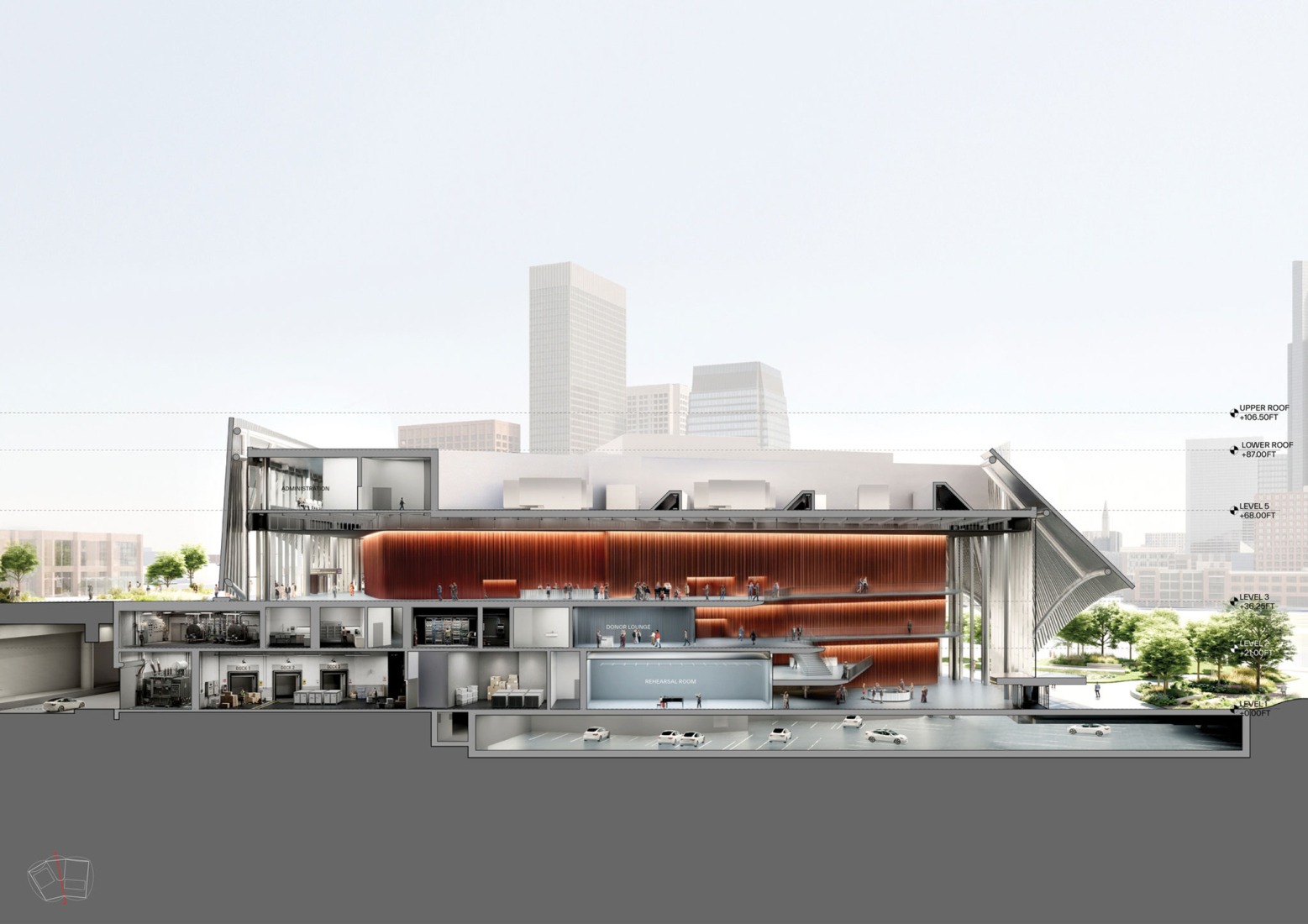 Sección. Centro de artes escénicas de Tennessee por BIG.