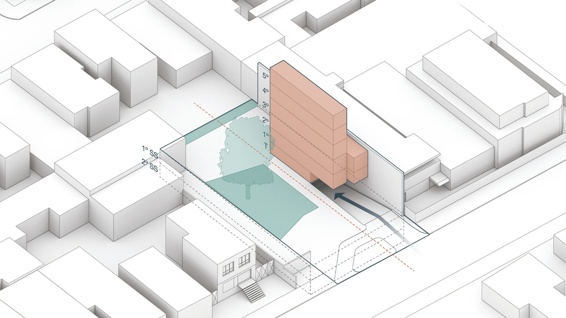 Axonométrica. Nueva sede de la Universidad Rudolf Steiner por Biselli Katchborian. 