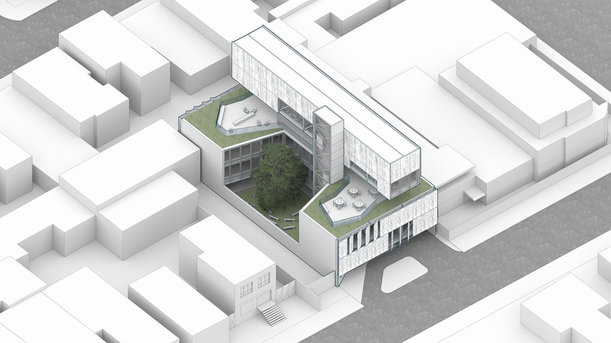 Axonométrica. Nueva sede de la Universidad Rudolf Steiner por Biselli Katchborian. 