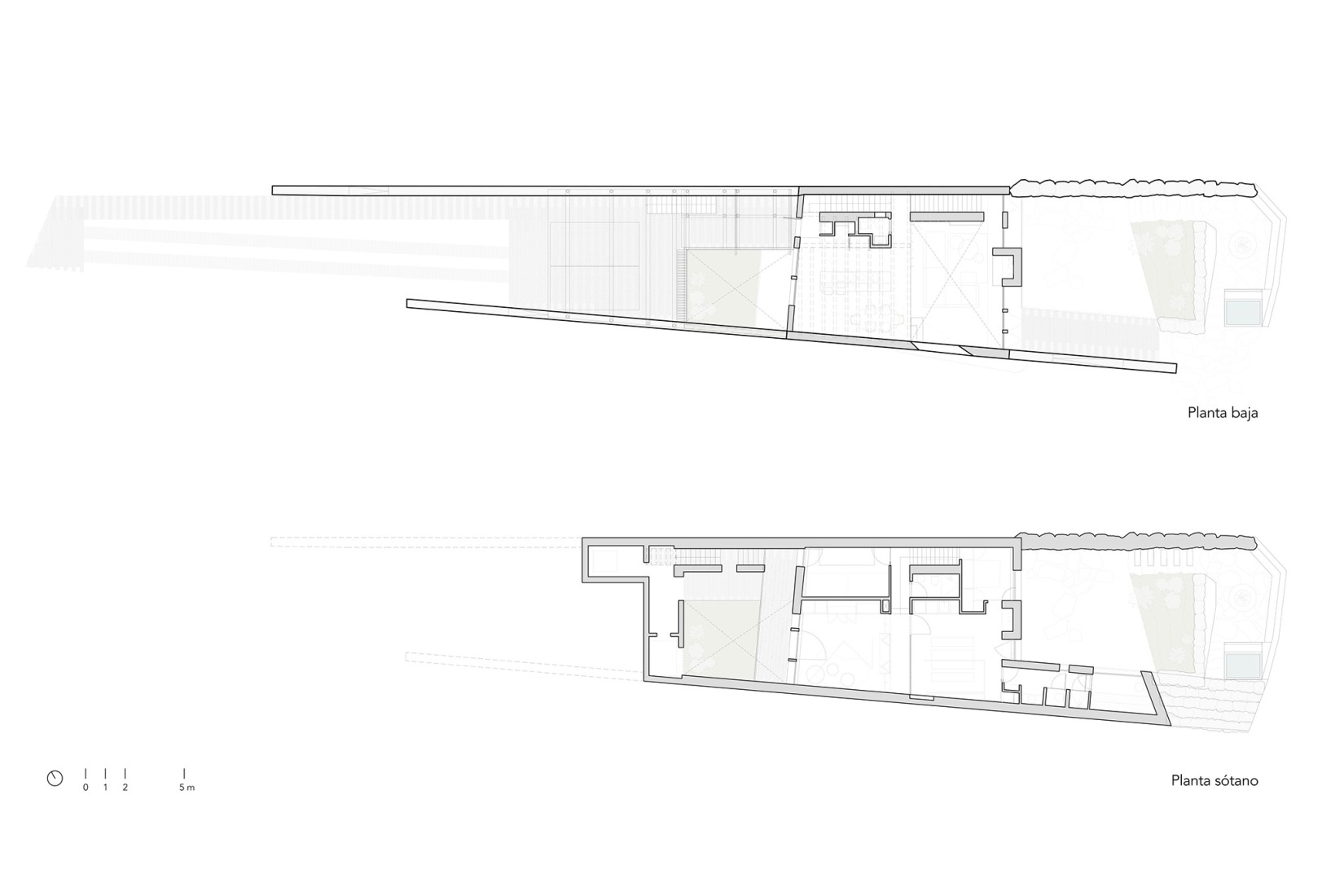 Basement and ground floor plan. "Shelter between walls" by Cronotopos Arquitectura.