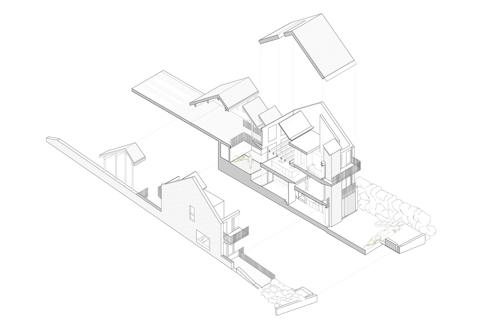 Axonometry. "Shelter between walls" by Cronotopos Arquitectura. 