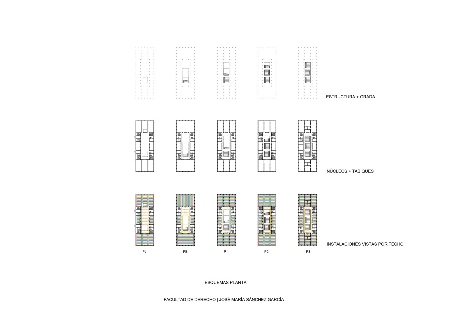 Esquemas de planos de planta. Facultad de Derecho CEU San Pablo por José María Sánchez Arquitectos.
