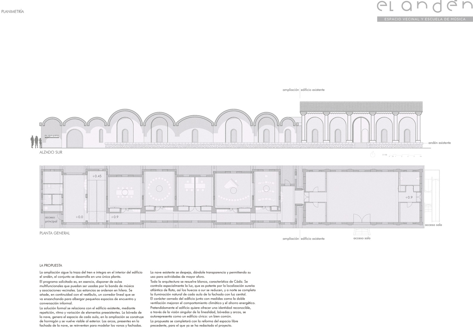 Ground floor plan and elevation. The Platform, community space and music school by Kauh.