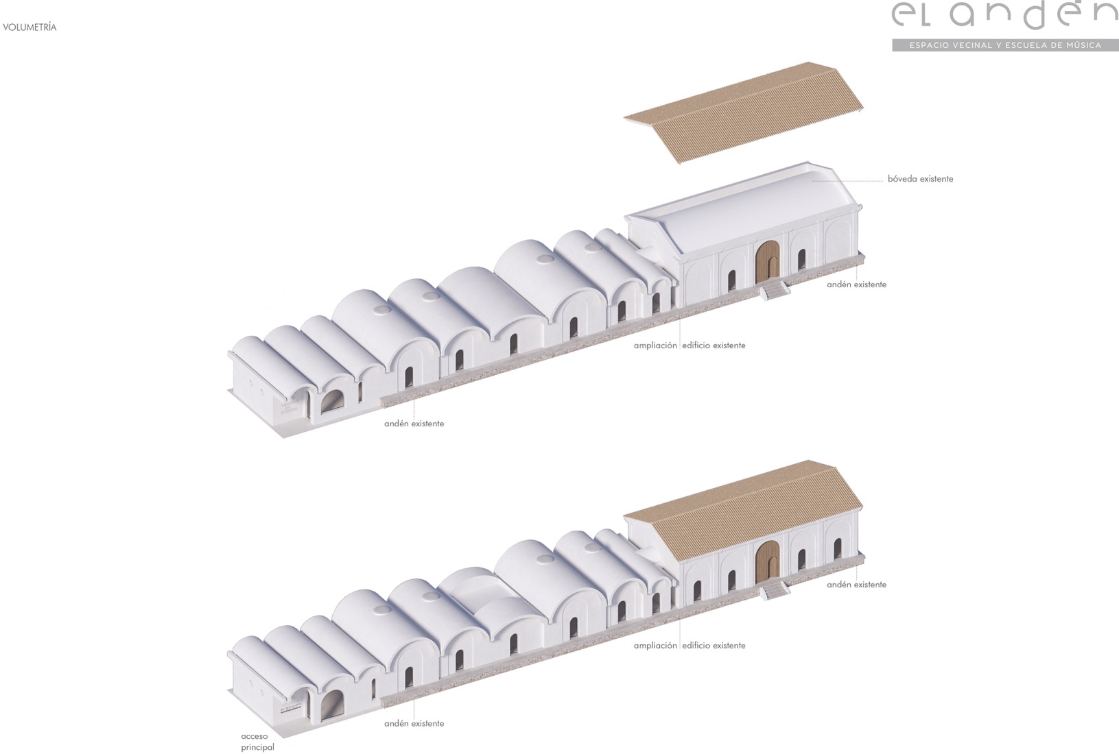 Axonometry. The Platform, community space and music school by Kauh.