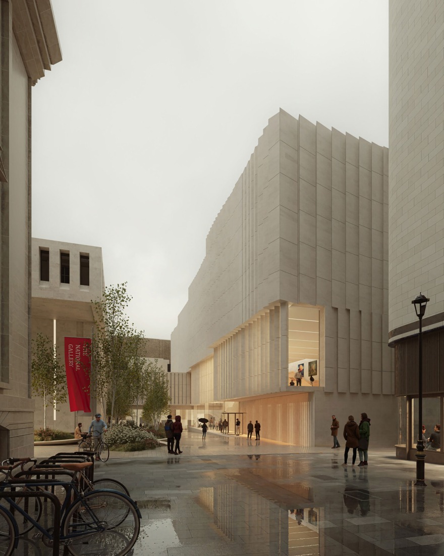 New wing of National Gallery by  Kengo Kuma and Associates. Rendering of the entrance. Image by Kin Creatives.