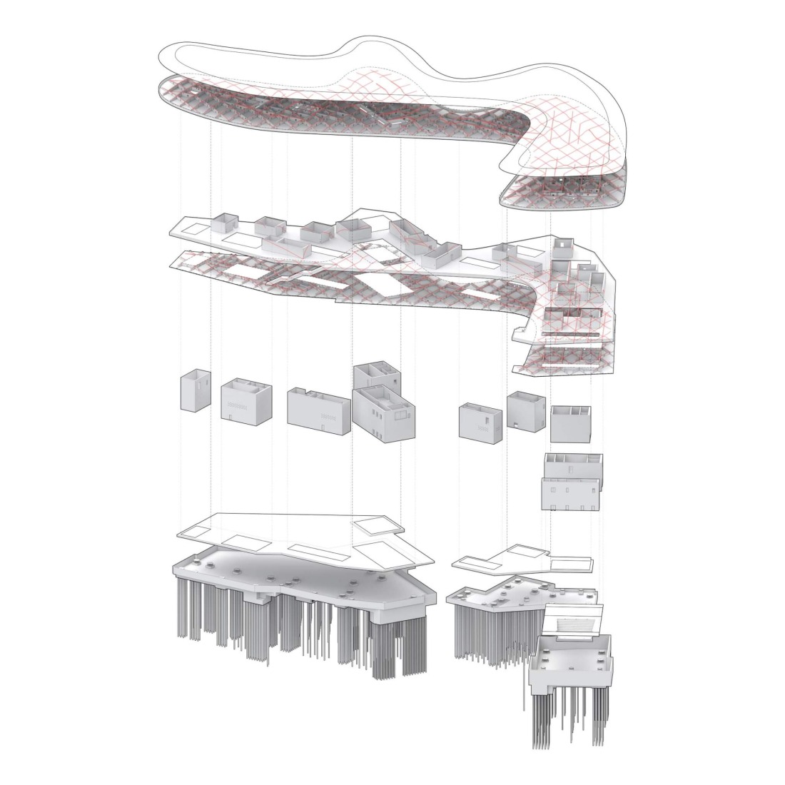 Axonometría despiezada. Galerías David Geffen por Peter Zumthor.