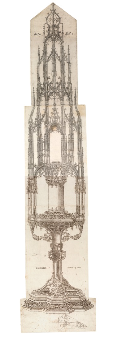 Alart du Hameel (neerlandés, ca. 1449–ca. 1507). Diseño para una custodia de torre, ca. 1484. Grabado. Albertina, Viena (DG1928/528). Imagen cortesía del Museo Metropolitano de Arte. 