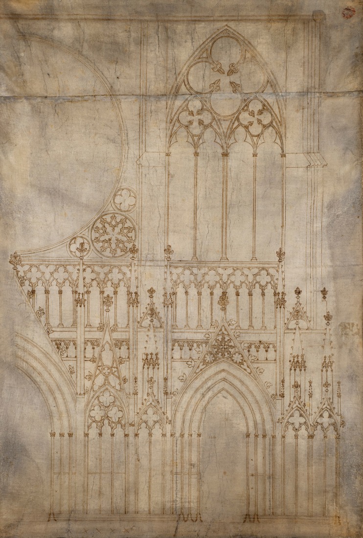 Atribuido a Erwin von Steinbach (alemán, nacido en la región del Alto Rin, fallecido en 1318), basado parcialmente en el Maestro Rodolfo el Viejo (alemán, fallecido en 1276). Elevación parcial de la fachada de la catedral de Estrasburgo (Dibujo A’), ca. 1260–70. Pluma y tinta marrón sobre pergamino. Fundación de la Obra de Notre-Dame, bajo la custodia del Museo de la Obra de Notre-Dame, Estrasburgo (D.22.995.0.11 [OND 2]). Imagen cortesía del Museo Metropolitano de Arte. 
