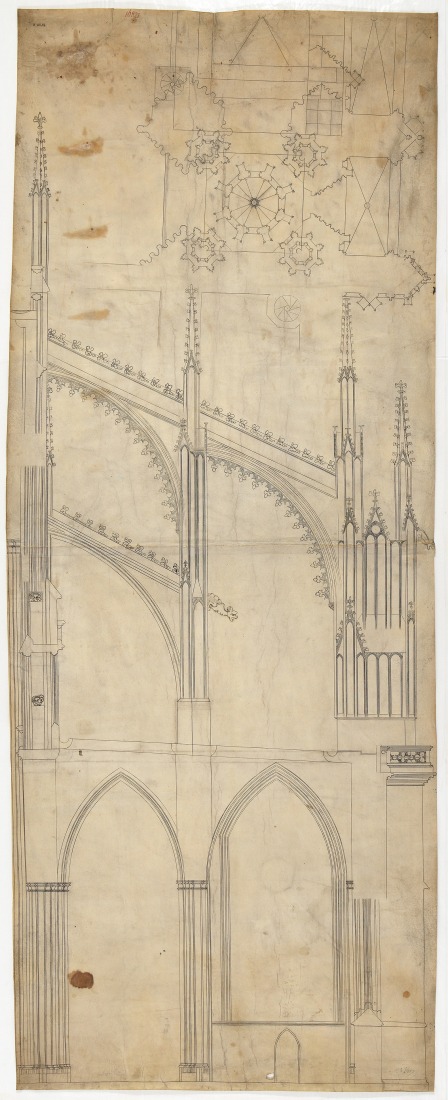 Peter Parler (alemán, ca. 1330–1399). Sección transversal de la mitad norte del coro y los arbotantes de la catedral de San Vito (Veitsdom), Praga. ca. 1360. Pluma y tinta negra, sobre líneas ciegas dibujadas con estilete, guiado por compás y regla, sobre pergamino. Colección Gráfica, Academia de Bellas Artes de Viena (HZ-16821r). Imagen cortesía del Museo Metropolitano de Arte.