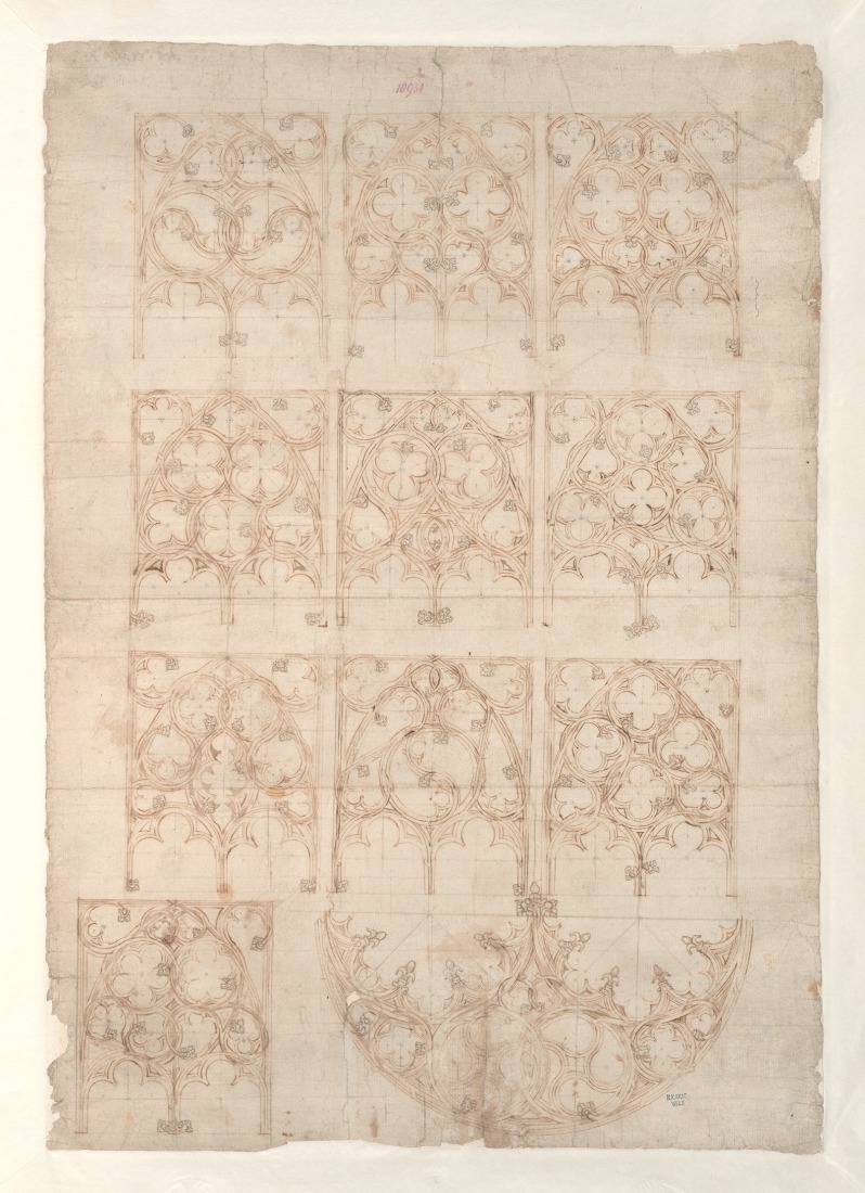 Atribuido a Madern Gerthener (alemán, ca. 1360–1430). Estudios de variaciones de tracería, ca. 1410–15. Pluma y tinta marrón sobre líneas ciegas trazadas con estilete, guiado por compás y regla, sobre papel. 59,5 × 41,7 cm (23 7⁄16 × 16 7⁄16 pulg.). Colección Gráfica, Academia de Bellas Artes de Viena (HZ-10931). Imagen cortesía del Museo Metropolitano de Arte.