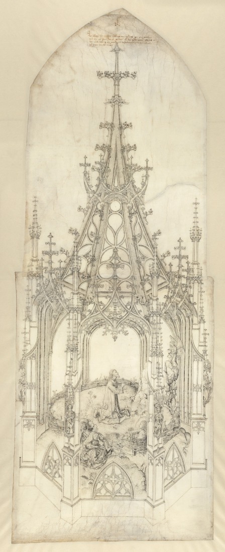 Matthäus Böblinger (alemán, ca. 1450–1505). Diseño para un monumento al Monte de los Olivos para la ciudad de Ulm, 1474. Pluma y tinta negra, sobre líneas ciegas con estilete, guiado por compás, sobre pergamino. 108 × 41,5 cm (42 1/2 × 16 5⁄16 pulg.). Evangelische Gesamtkirchengemeinde Ulm (Stadtarchiv Ulm, E Münsterbauamt 1). Imagen cortesía del Museo Metropolitano de Arte.