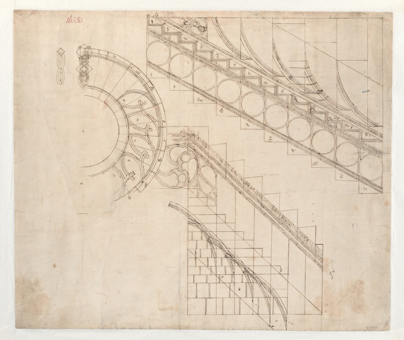 Según Anton Pilgram (checo, Moravia, ca. 1460–1515). Alzado, sección y planta de la escalera al púlpito de la Catedral de San Esteban (Stephansdom), Viena, ca. 1515. Pluma y tinta marrón sobre líneas ciegas trazadas con estilete, guiado por compás y regla, sobre papel. 43,8 × 51,6 cm (17 1/4 × 20 5⁄16 pulg.). Imagen cortesía del Museo Metropolitano de Arte.