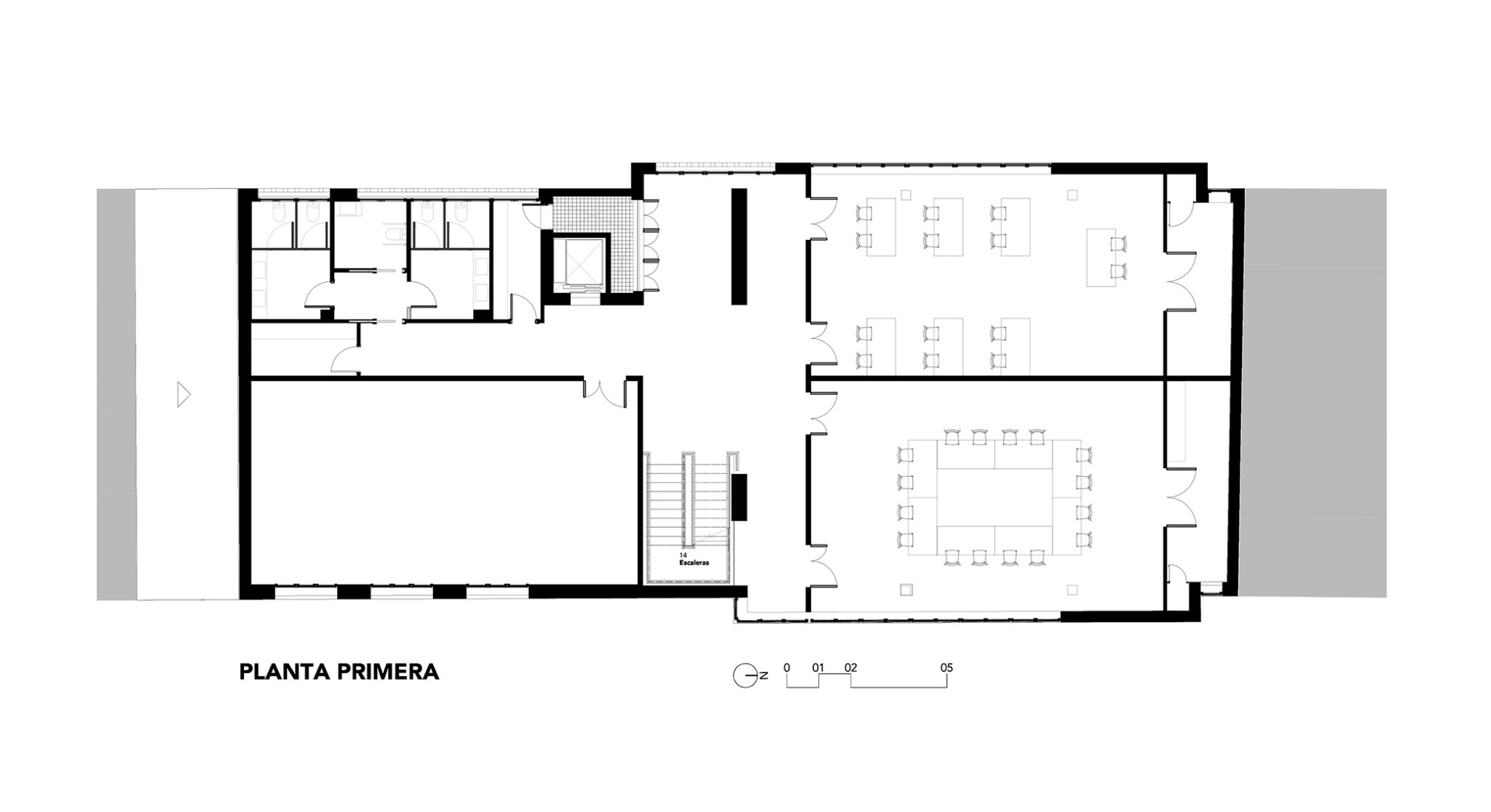 Plano de primera planta. Centro Cultural «Los Lavaderos» por Módulo Arquitectos + AMD Arquitectos.